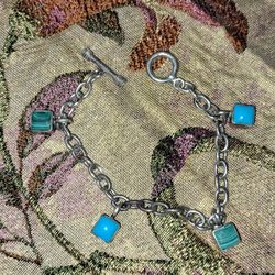 Antique Navajo 925 Sterling Silver Bracelet With Turquoise And Malachite Square Charms 
