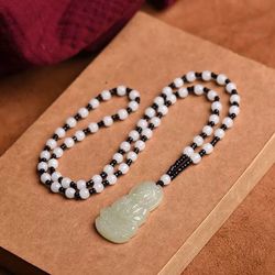 Natural white jade Guanyin laughing Buddha pendant sweater chain jade pendant real jade jade pendant men’s and women’s retro necklace