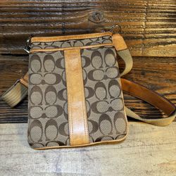 Coach Brown and Tan Crossbody Bag with Signature Monogram 