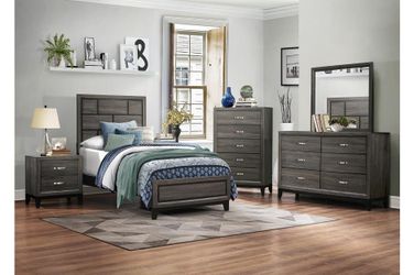 Brand new twin or full size grey bedrame + dresser + mirror + nightstand