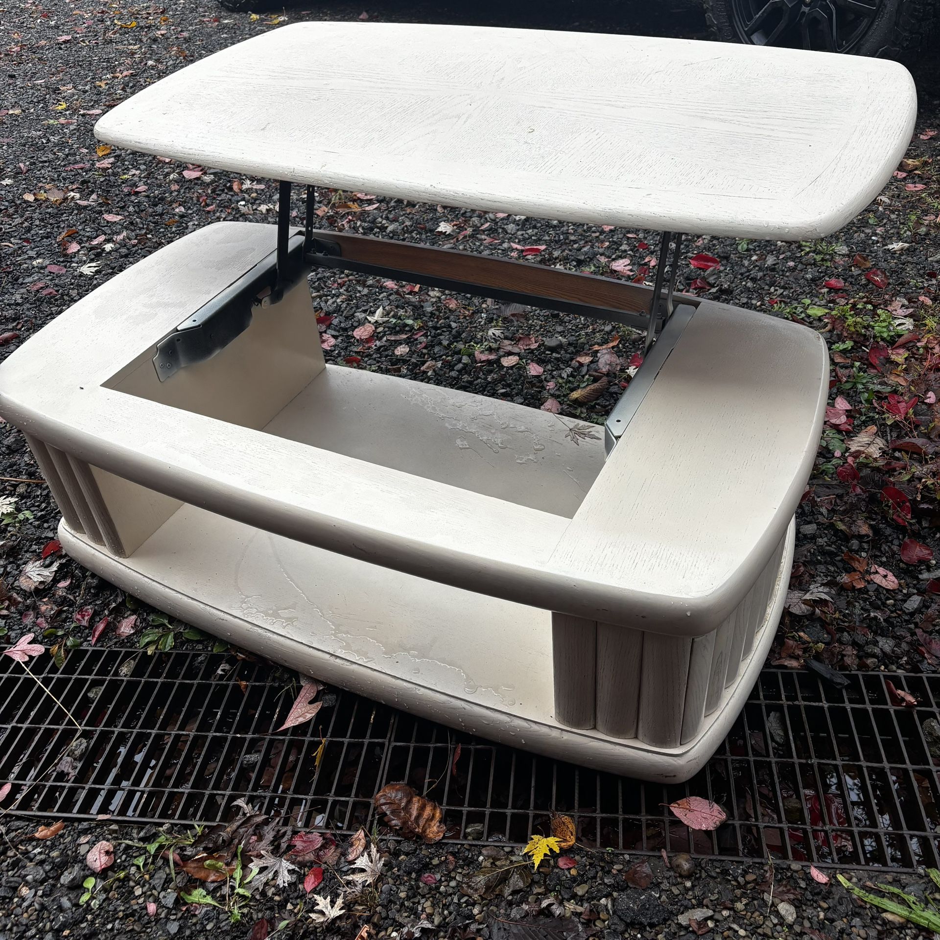 Adjustable Coffee Table White Wood Painted Heavy Doors On Sides Has Wheels Retro 