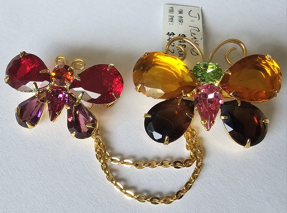 Joan Rivers Multi-color Double Butterfly Brooch w Removable Chain - 2008 NWT NOS!!! 