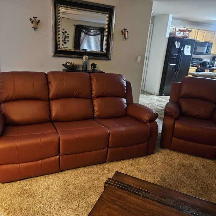 Red Bonded Leather Sofa, Loveseat, and Chair Set