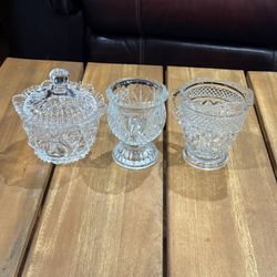 Vintage Glass Set • Anchor Hocking Wexford Creamer • Lidded Sugar Bowl • Avon Candle Holder