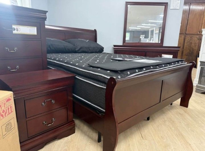Sleigh Bed Bedroom Set! Available in Cherry, White, Black & Gray Colors!!