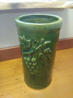 Vintage French La Madeleine Anduze Ceramic Flower Vase 9" Green w/ Grapes