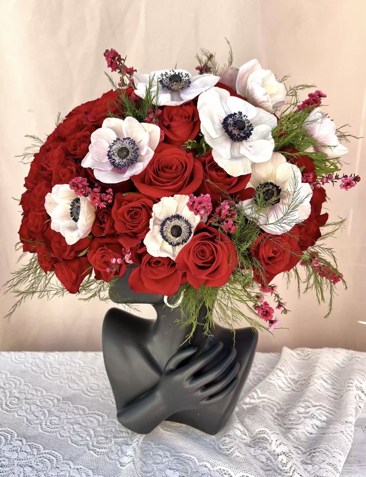 Red Lady In Vase Flower Arrangement 