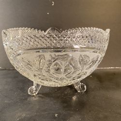 Vintage Pressed-Glass Sawtooth-Edge Floral Footed Bowl (Height: 5-1/2”)