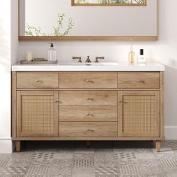 NO TOP VANITY 60" Bathroom Vanity Soft-Close Drawers PE Rattan Front for sale