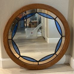 Round Oak Beveled Stained Glass Mirror Blue Geometric Vintage Wall Mirror