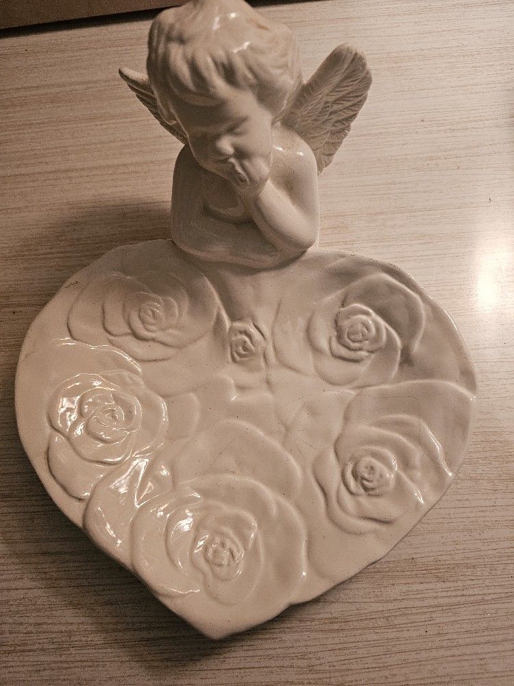 World Bazaars Inc Angel Soap Candy Dish Cherub Angel White Heart World Bazaar