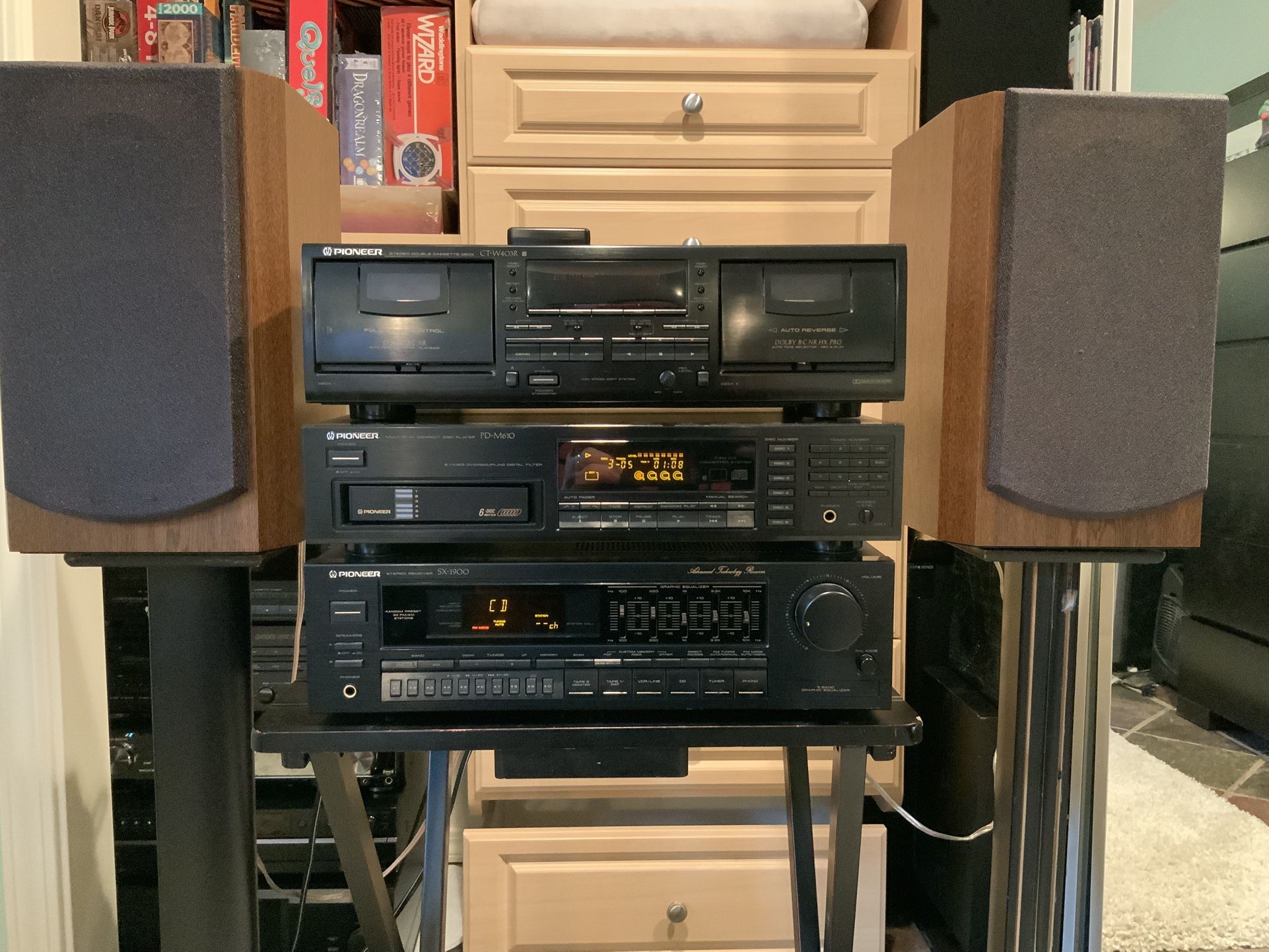 Pioneer Stereo system | Receiver, 6 Disc CD Changer AND Dual Cassette Deck! Oak Bic Venturi Speakers/stands