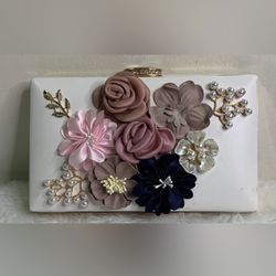 Milisente Satin Flowers Pearl Beaded purse - can be used as a clutch, wristlet or on shoulder - excellent condition with a couple of minor scuffs