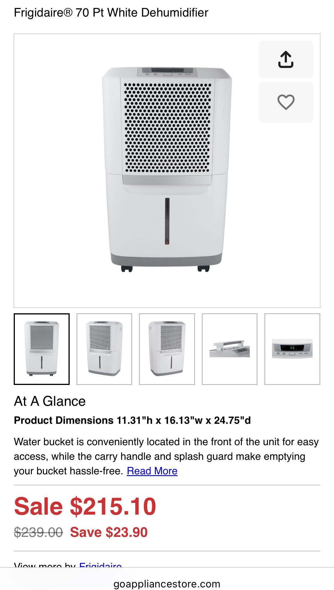 Frigidaire 70 Pt White Dehumidifier