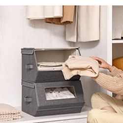 Stackable Storage Bins Set of 2, Storage Boxes with Lids and Front Windows, Non-Woven Fabric Closet Organizers with Magnetic Closures, Side 