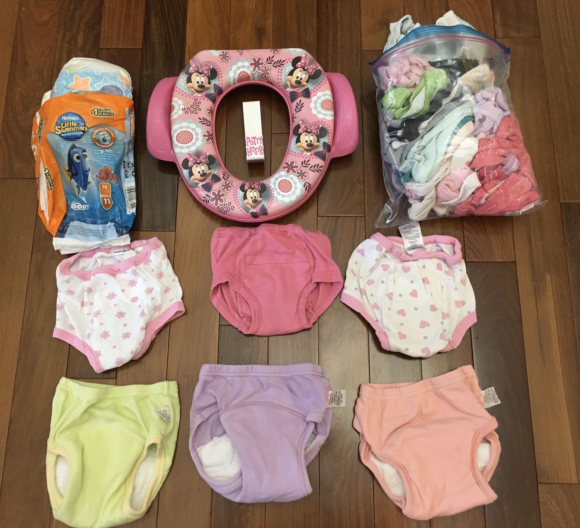 Girls potty training lot - Minnie Mouse potty seat - little swimmers swim diapers - training pants - GAP underwear