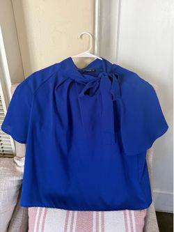 Shein Women’s casual side bow tie neck, short sleeve blouse in royal blue. Size L