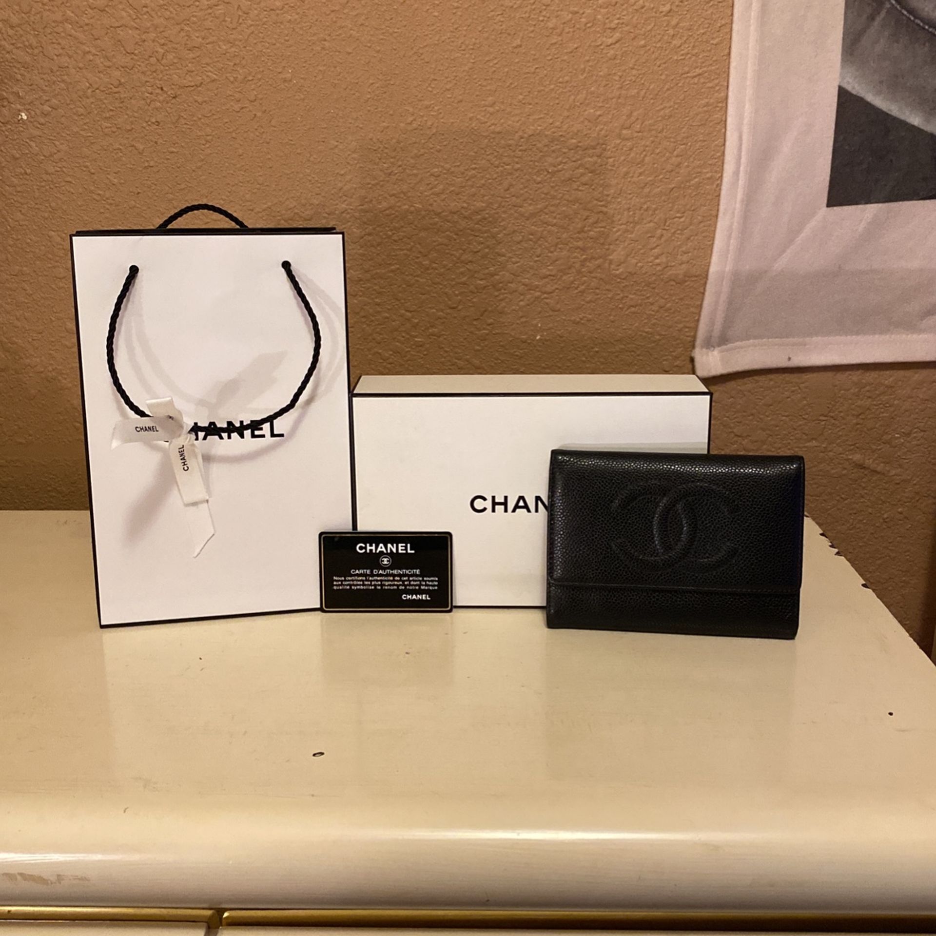 Chanel Authentic New Womens Cc Logo Leather Black Caviar Skin Trifold Wallet With Serial Number Seal And Authenticity Card $300 Obo C My Page Ty
