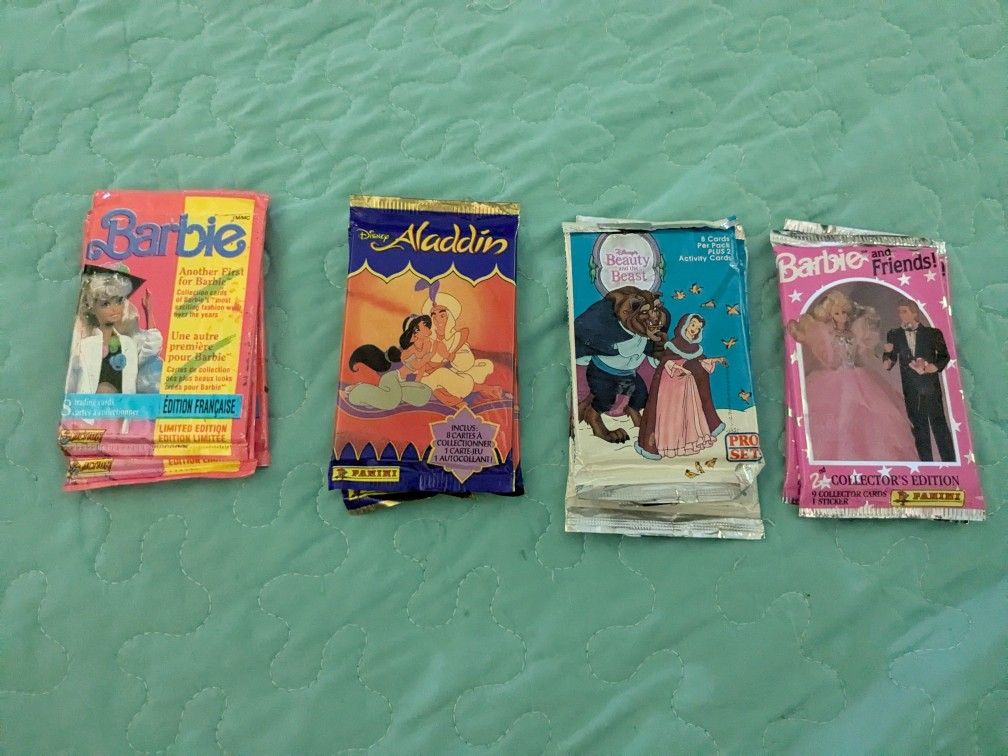 1992 Vintage Trading Cards/9 Pkgs Total Disney Aladdin & Beauty And The Beast,Barbie.