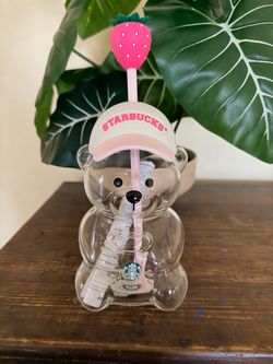 Starbucks strawberry Bear Glass Cup with Straw