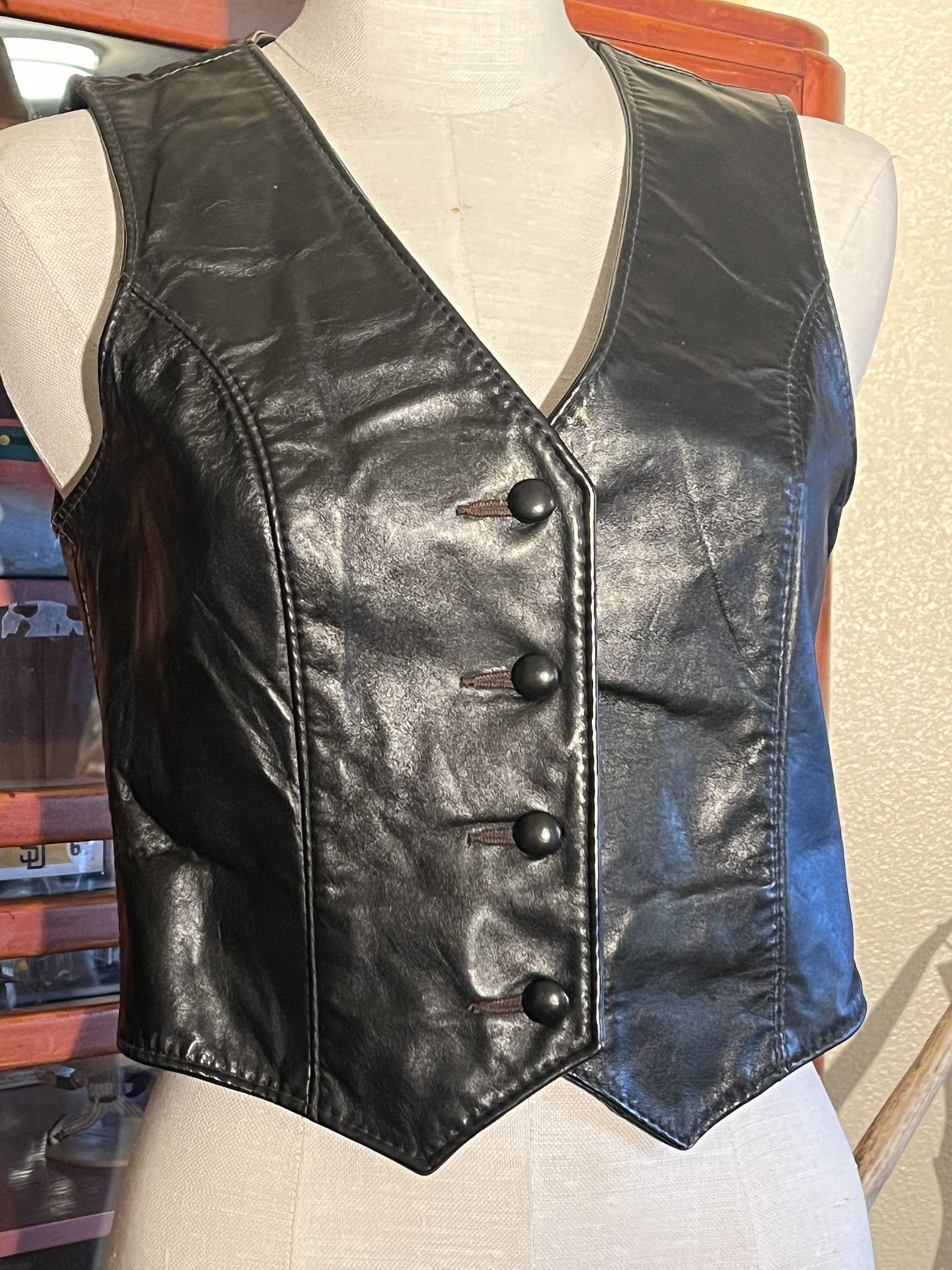 Vintage Women’s Size S Colorado Trading Co Black Leather Western Vest RARE