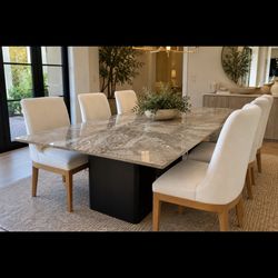 LUXURY NATURAL MARBLE DINING TABLE | SCULPTURAL BLACK PEDESTAL BASE- $5k retail- chairs available