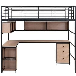 EUROCO Modern Metal Full Size Loft Bed with Desk, Shelf and Cabinet, Functional Storage Bed