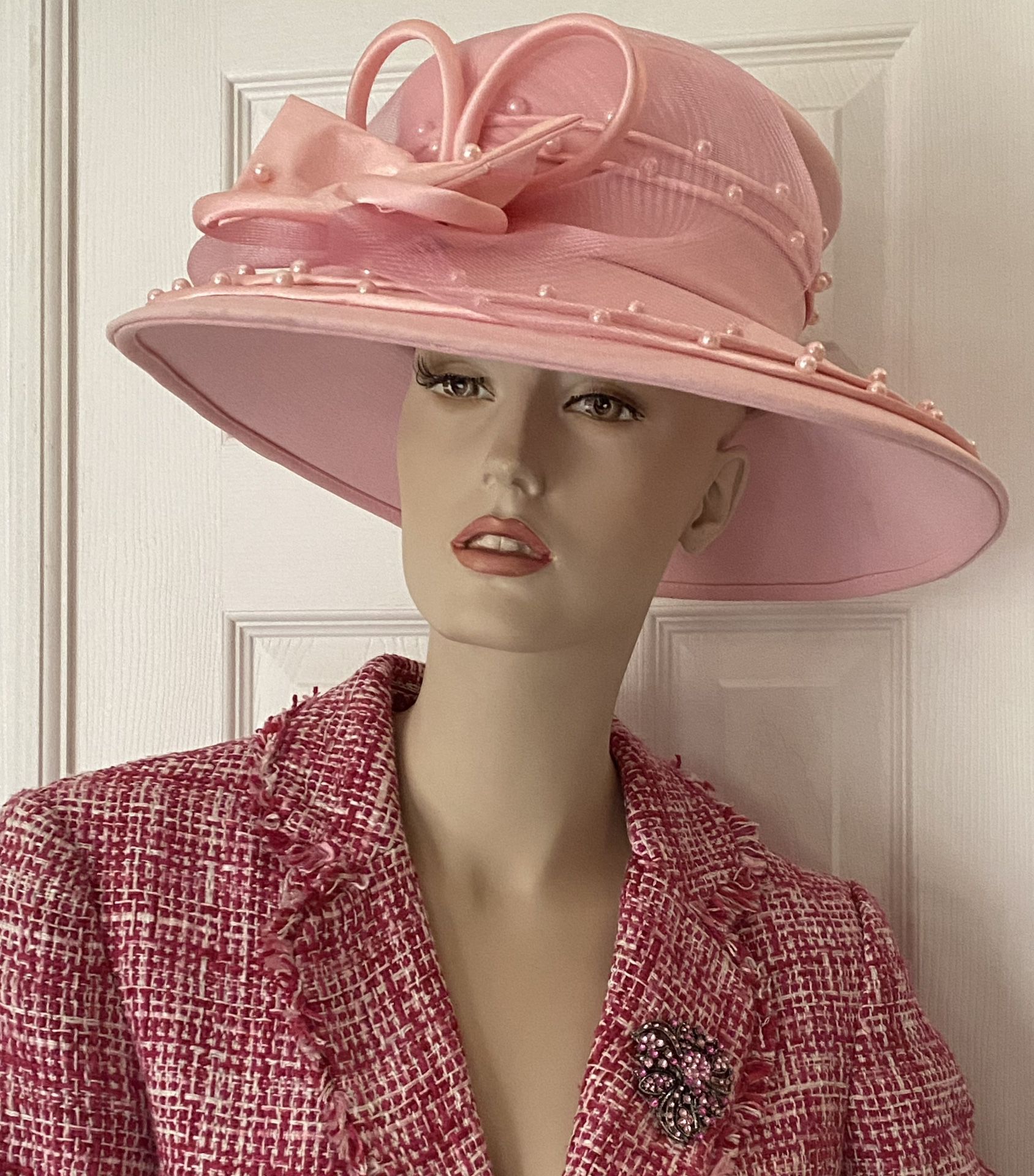 HAT CHURCH HAT – ML STUDIO PINK WIDE BRIM HAT WITH BEADS AND BOW DESIGNER HAT – MOTHER’S DAY GIFT CHURCH HAT