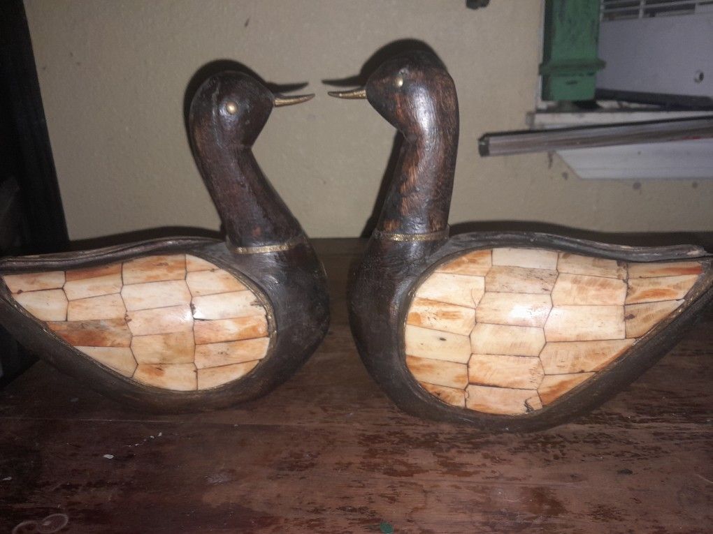 Vintage Wooden Duck Statues Wooden Hand Hamered Brass Fitted Crafted Bird Statues
