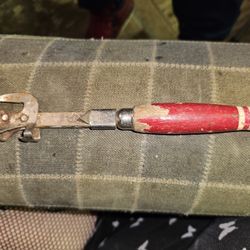 VINTAGE A&J OPENER RED WOOD HANDLE CAN BOTTLE JAR A J