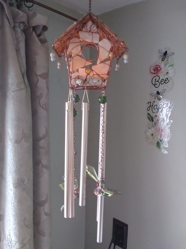 Beautiful Stone Light Up Birdhouse Tea Light Candle Holder w/Hanging Jeweled Dragonflies Wind Chime.
