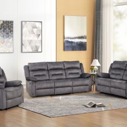 3Pcs Blue Gray Fabric Power Recliner Sofa Set