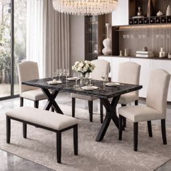 6 Pieces -71” Black Modern Dining Table with Black Faux Marble Table Top With 4 Chairs And Bench [NEW]  <Assembly Req>  **