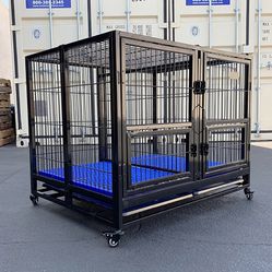 (New in box) $165 Folding Heavy Duty Dog Cage 41x31x34” Double-Door Stackable Kennel w/ Divider, Plastic Tray 