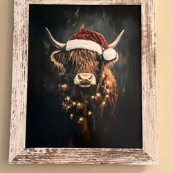 Highland Cow Christmas Santa Hat Styled Farmhouse Country Print Picture in Rustic Frame  - Holiday Decor
