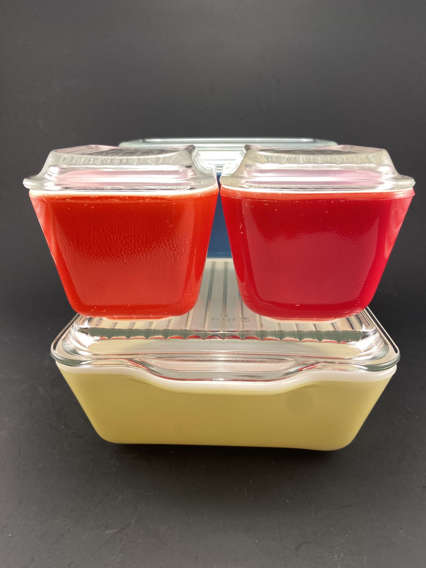 Very Vintage Pyrex Opal Glass Fridge Dishes in Original Primary Colors,  With Vintage Kitchen Items 