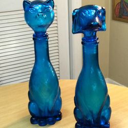 Vintage Mid Century Collectible 1960 Dog and Cat Empoli Italian Art Glass Decanters