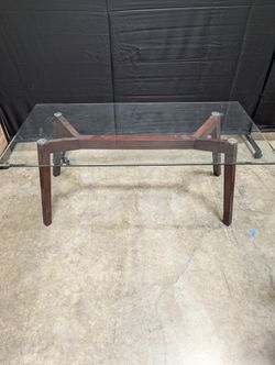 Mid-Century Modern Style Glass Top Coffee Table with Dark Wood X-Base