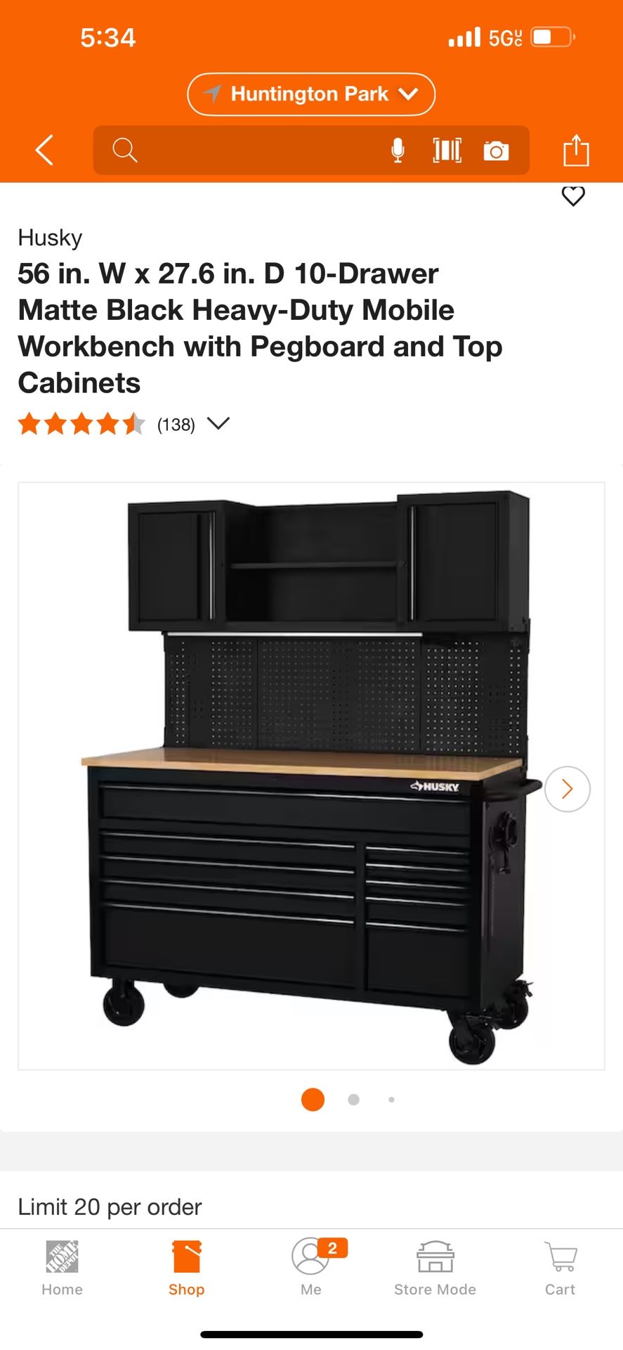 Husky 56 in. W x 27.6 in. D 10-Drawer Matte Black Heavy-Duty Mobile Workbench with Pegboard and Top Cabinets