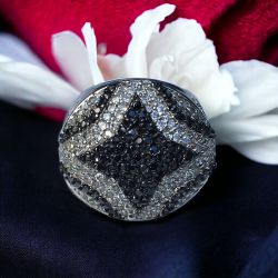 Unique Women's Ring With Black CZ and Heart Accents, Size 5 3/4