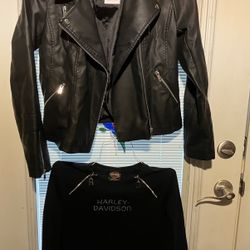 NEW Fahsyee Black Faux Leather Women’s Size L Biker’s Jacket And Harley-Davidson Shirt