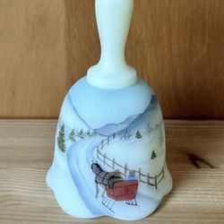 Vintage Fenton Art Satin Milk Glass Hand Painted & Signed Christmas Bell 1980 