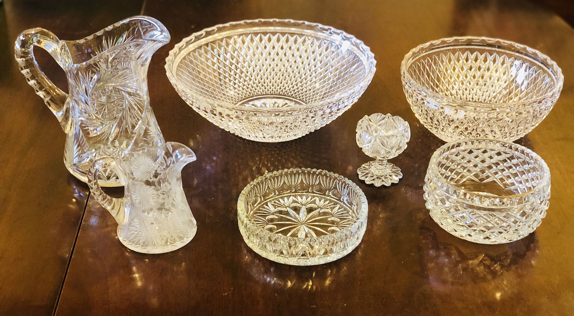 7 Heirloom Antique Cut Glass Bowls, Pitcher And Cup
