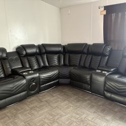 Leather Sectional With Led Lights , Speakers And Charger Ports