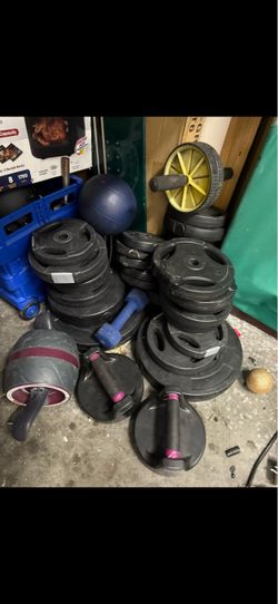 Large Lot of Weight Plates and Dumbbells