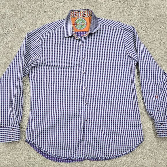 Robert Graham Shirt Mens XL Blue Plaid Ribbon Flip Cuffs Button Up Long Sleeve