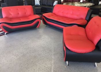 Brand New Red & Black Leather Modern Style Sofa Loveseat & Chair