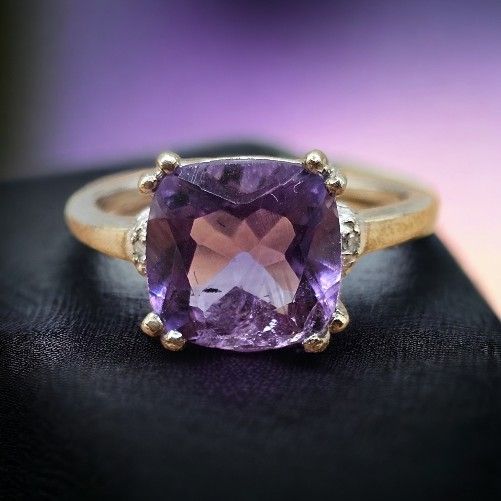 NWOT 3.6 Carat Amethyst and Diamond Ring In Platinum Dipped Sterling Silver