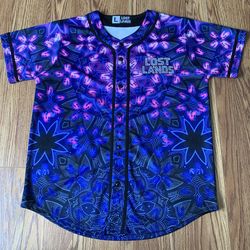 NWOT 2023 Excision LostLands Music Fest Purple/Blue Jersey LOGO EDM Dino Men L