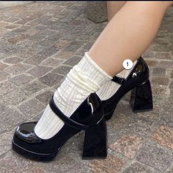 Mary Jane Square Platform Chunky Heels Pumps